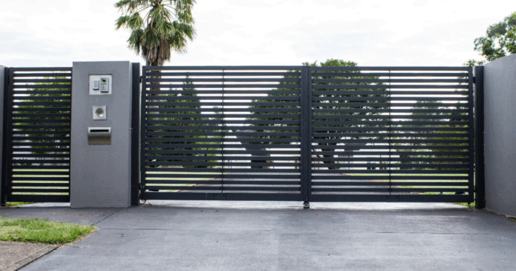 Modern black metal sliding gate.