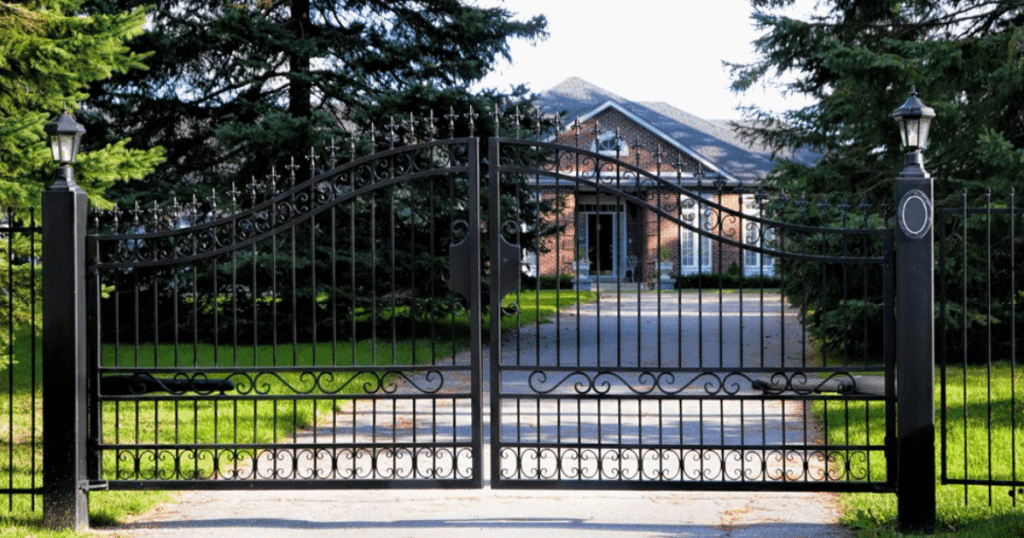 Black metal sliding gate with vertical bars.