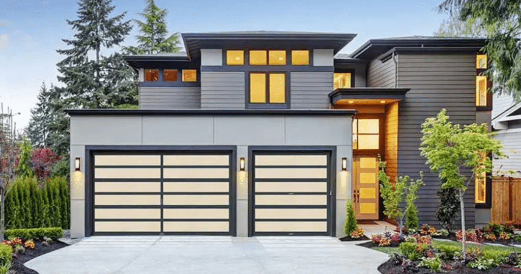 Modern house with glass panel garage doors