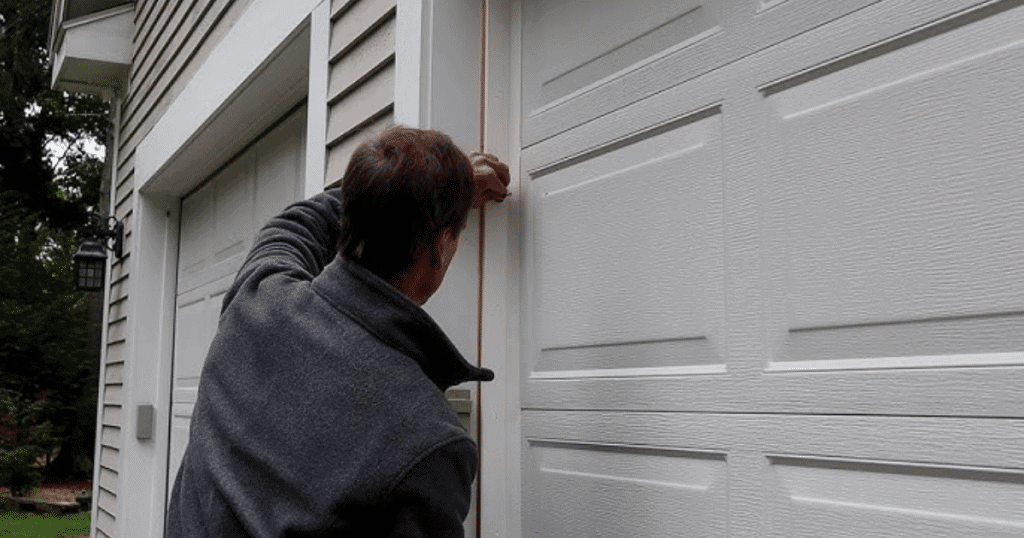 Man installs trim beside garage door.
