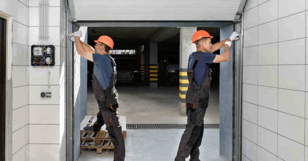Two workers install commercial garage door.