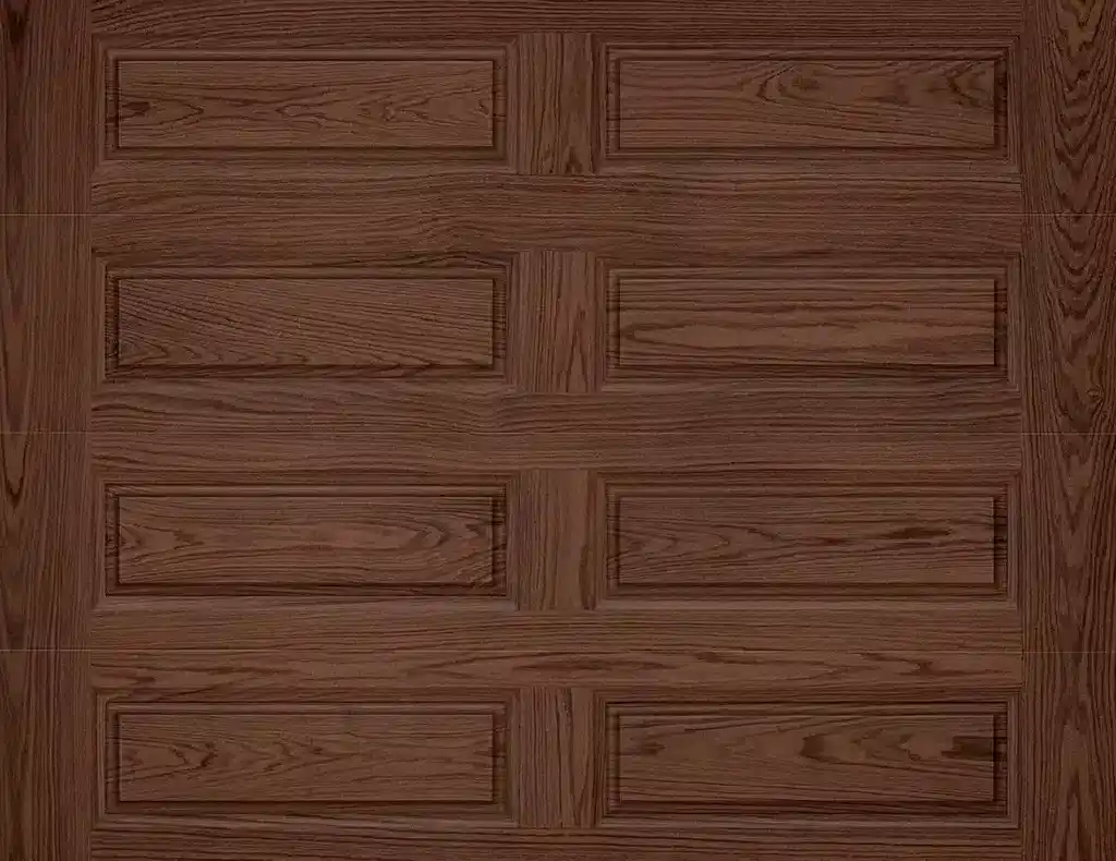 Oak wood garage door with paneled design.