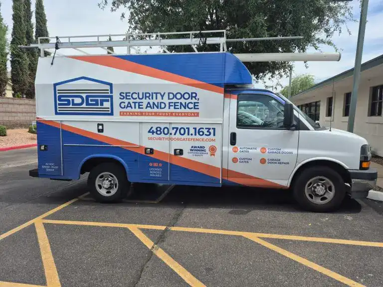 Custom security door gate and fence service vehicle for residential and commercial properties.