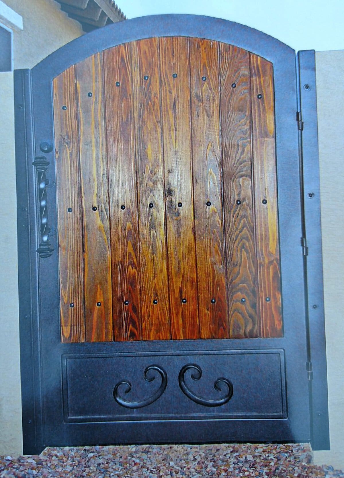 Arched scroll wood pedestrian gate in Scottsdale AZ