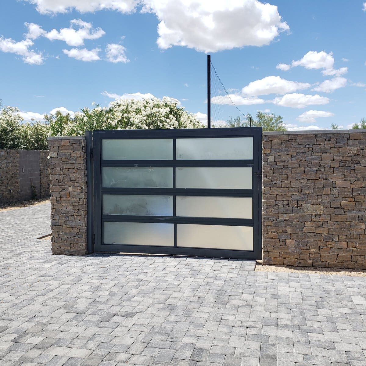 Modern frosted glass panel automatic driveway gate, Scottsdale AZ