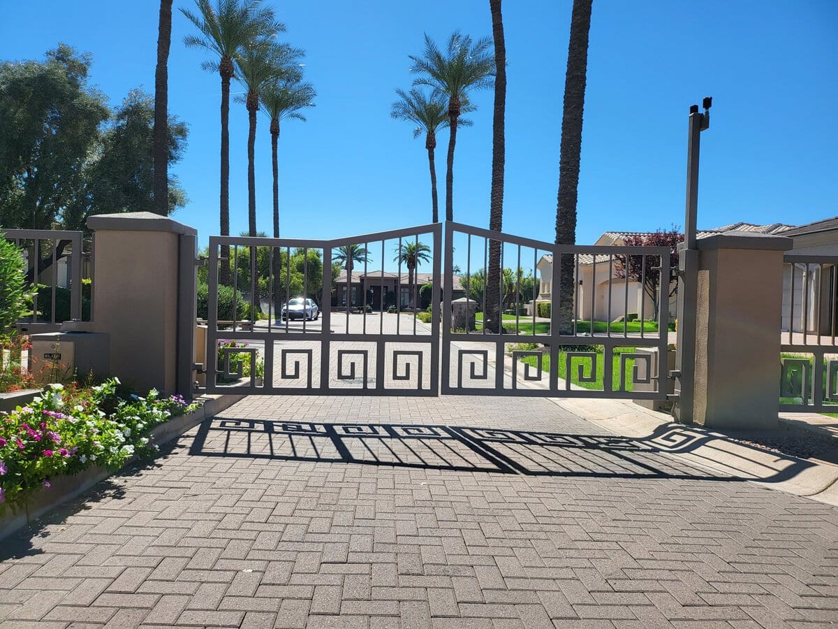 Ornate Greek key design commercial automatic driveway gate, Scottsdale AZ