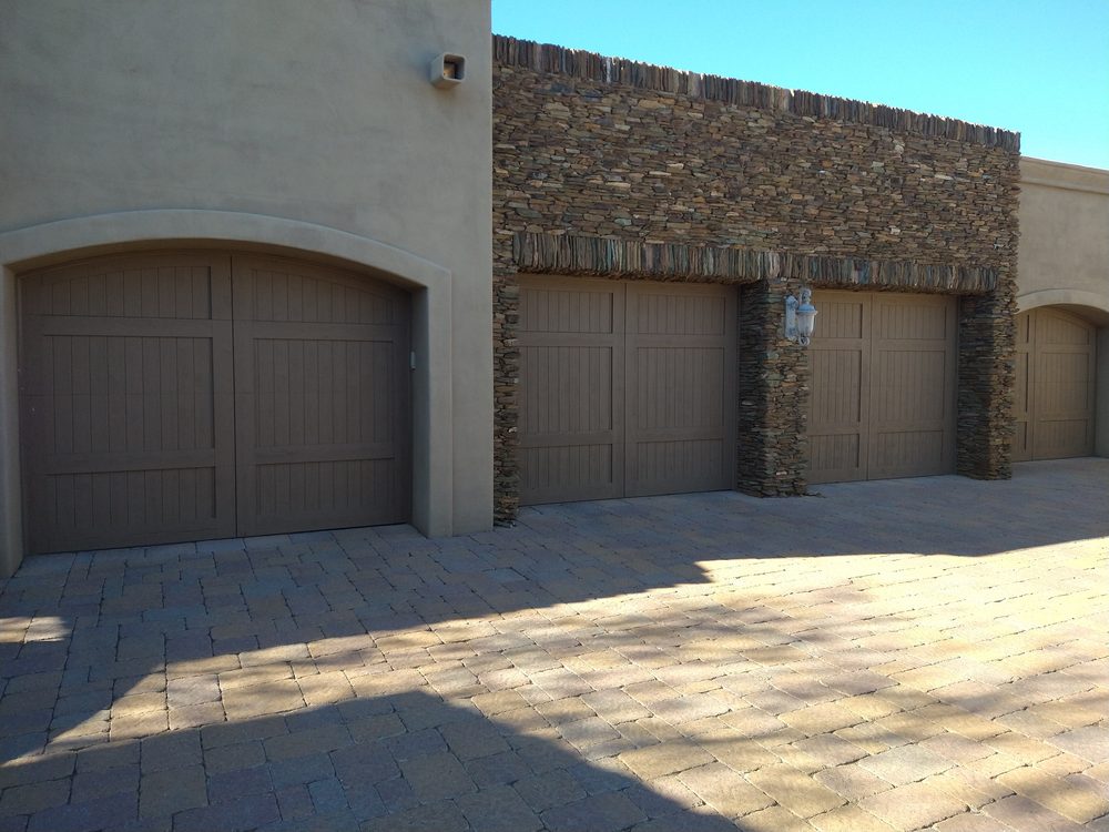 Garage doors on stacked stone home, Scottsdale AZ