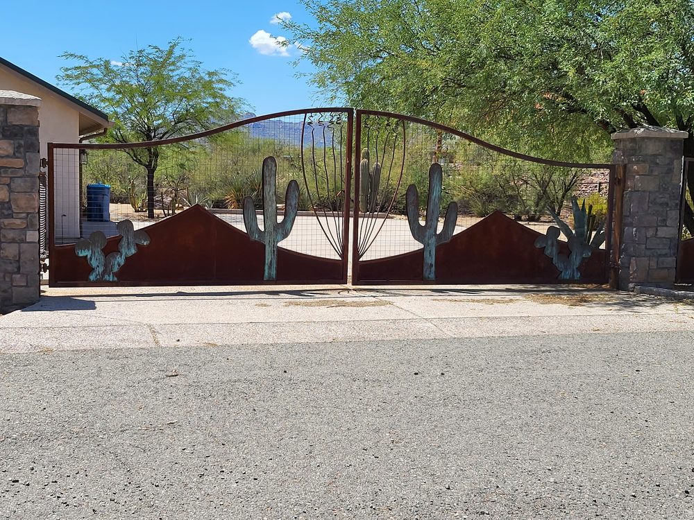 Saguaro cactus teal patina driveway gate, Scottsdale AZ
